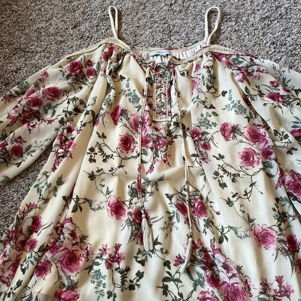 Rose Floral Off The Shoulder Blouse Size Medium Boho Hippy Summer Shirt
